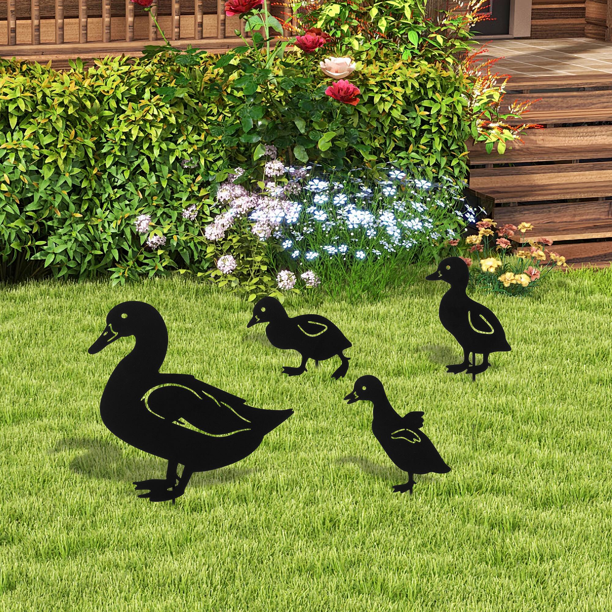 Glitzhome® 18" 2-in-1 Set of 4 Painted Metal Duck Silhouette Garden Picks & Wall Decor